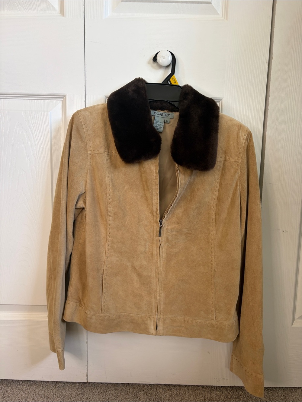 Co & Eddy Y2K Suede Leather Full Zip Jacket Brown Faux Fur Collar Women 10